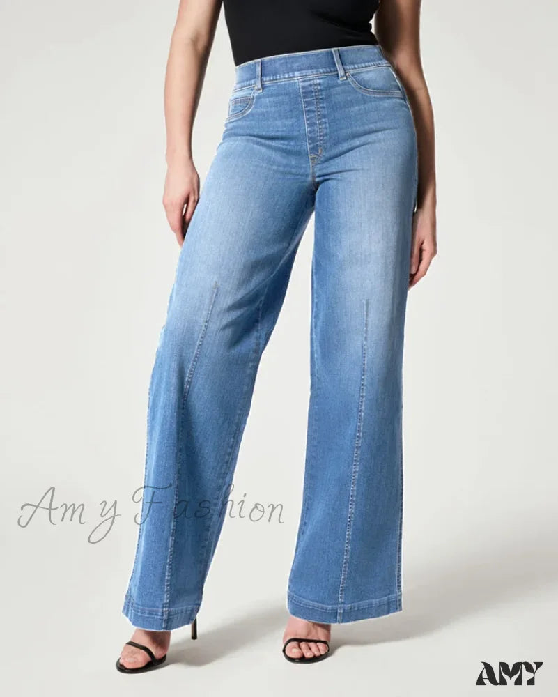 Amy Fashion - Straight Leg Stretch Fit High Waist Wide Indigo Lounge Stylish Jean Light Blue / S