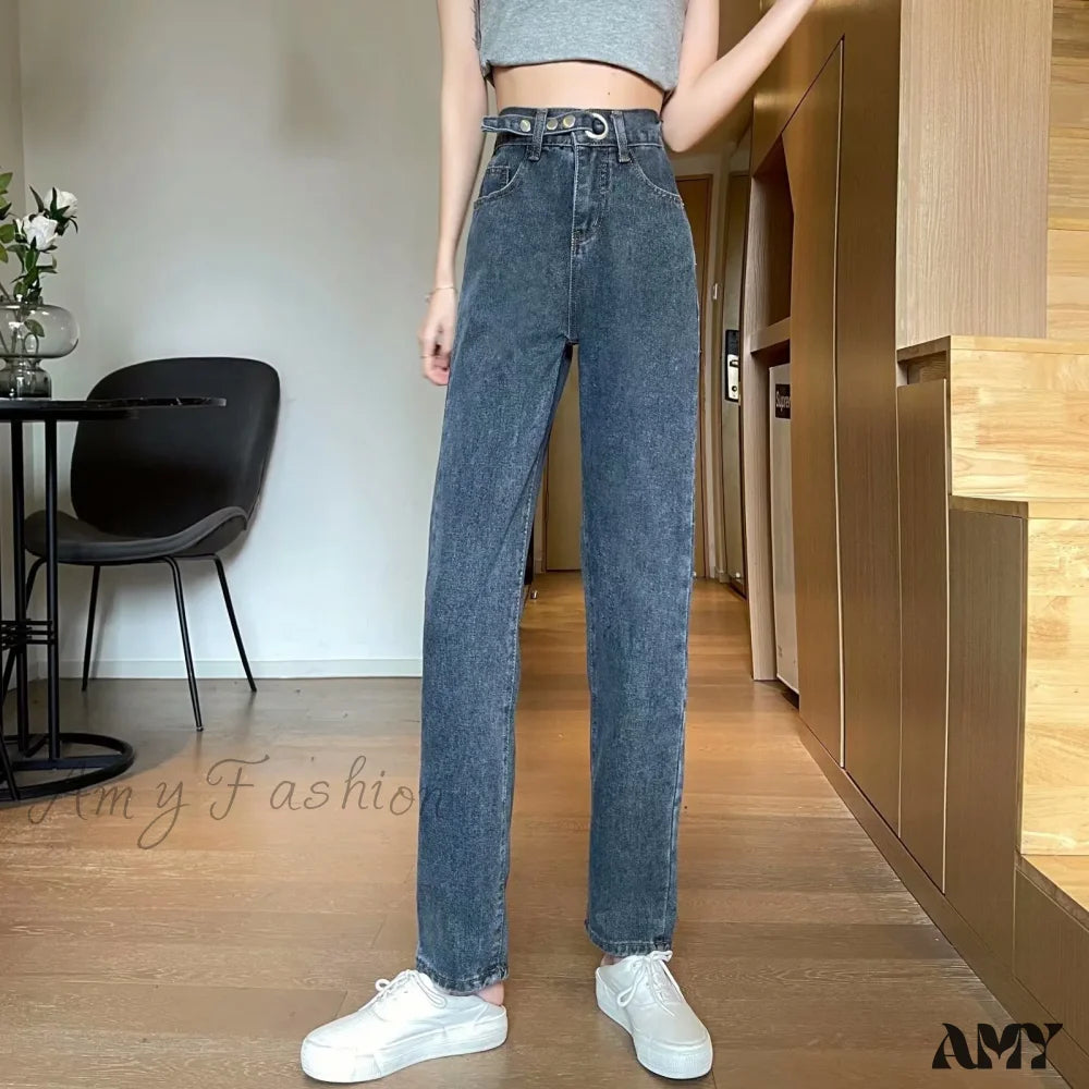 Amy Fashion - Straight Women Pant Woman High Waist Denim Pants Wide Leg Clothing Blue Vintage