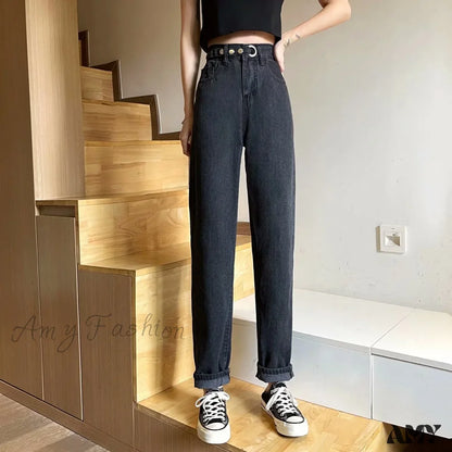 Amy Fashion - Straight Women Pant Woman High Waist Denim Pants Wide Leg Clothing Blue Vintage