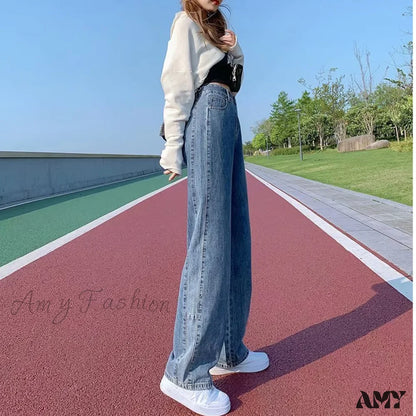 Amy Fashion - Straight Women Pant Woman High Waist Denim Pants Wide Leg Clothing Blue Vintage