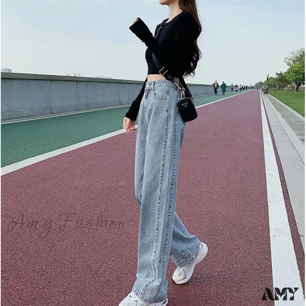 Amy Fashion - Straight Women Pant Woman High Waist Denim Pants Wide Leg Clothing Blue Vintage