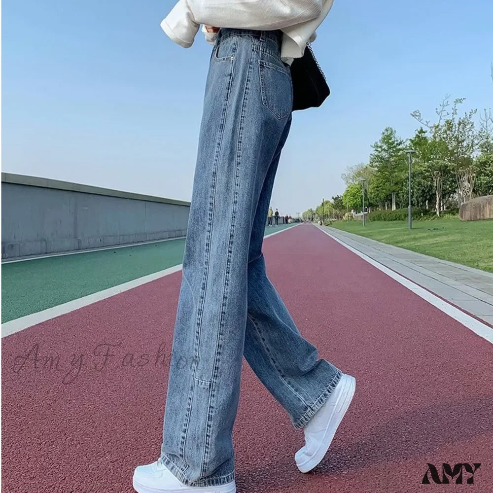 Amy Fashion - Straight Women Pant Woman High Waist Denim Pants Wide Leg Clothing Blue Vintage