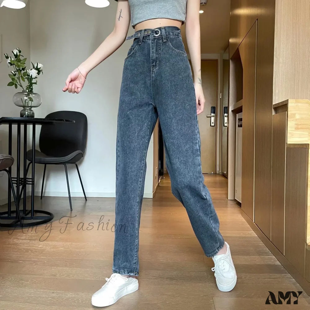 Amy Fashion - Straight Women Pant Woman High Waist Denim Pants Wide Leg Clothing Blue Vintage