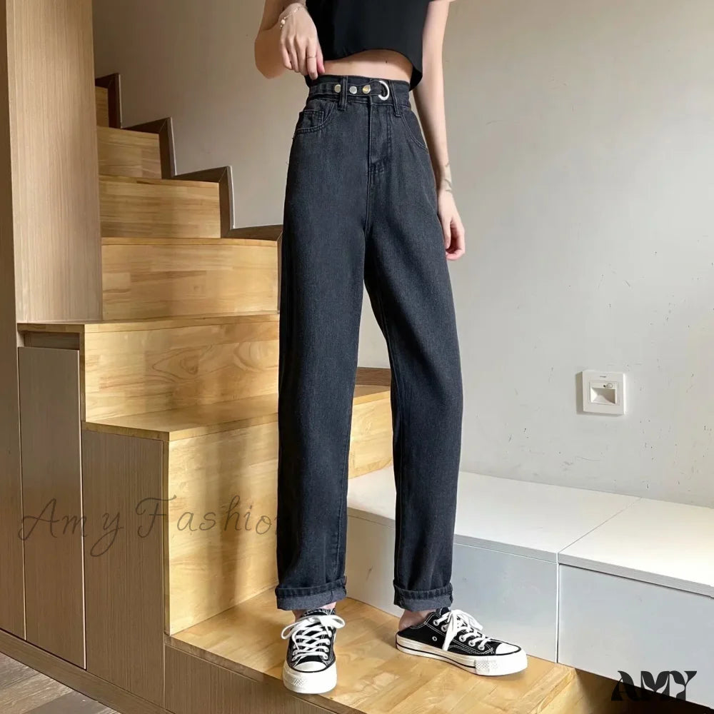 Amy Fashion - Straight Women Pant Woman High Waist Denim Pants Wide Leg Clothing Blue Vintage