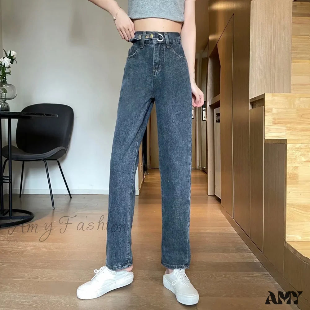 Amy Fashion - Straight Women Pant Woman High Waist Denim Pants Wide Leg Clothing Blue Vintage