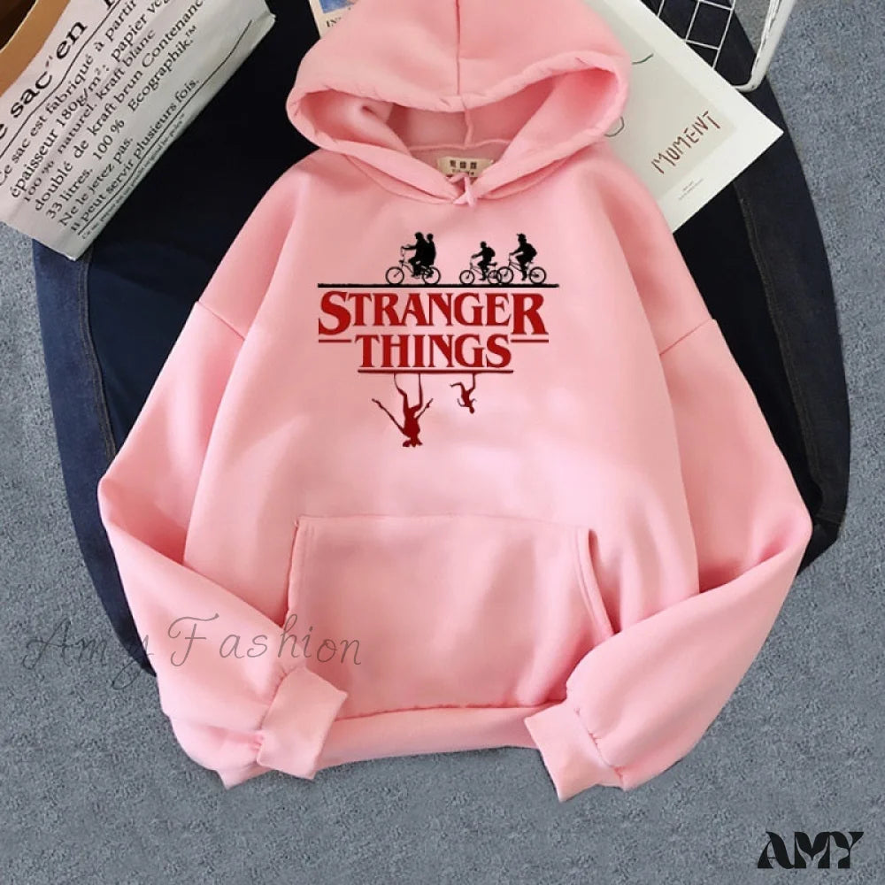 Amy Fashion - Stranger Things Anime Print Hoodies Pink / S