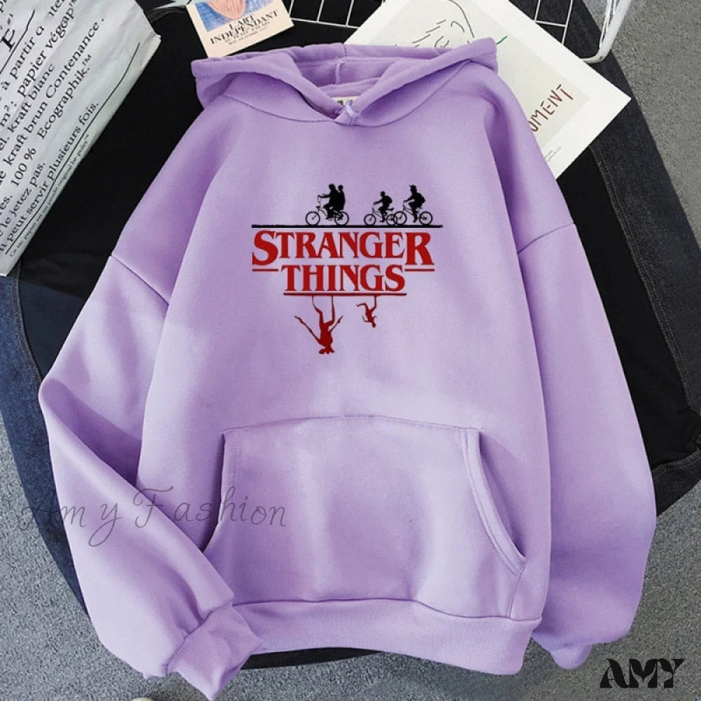 Amy Fashion - Stranger Things Anime Print Hoodies Purple / S