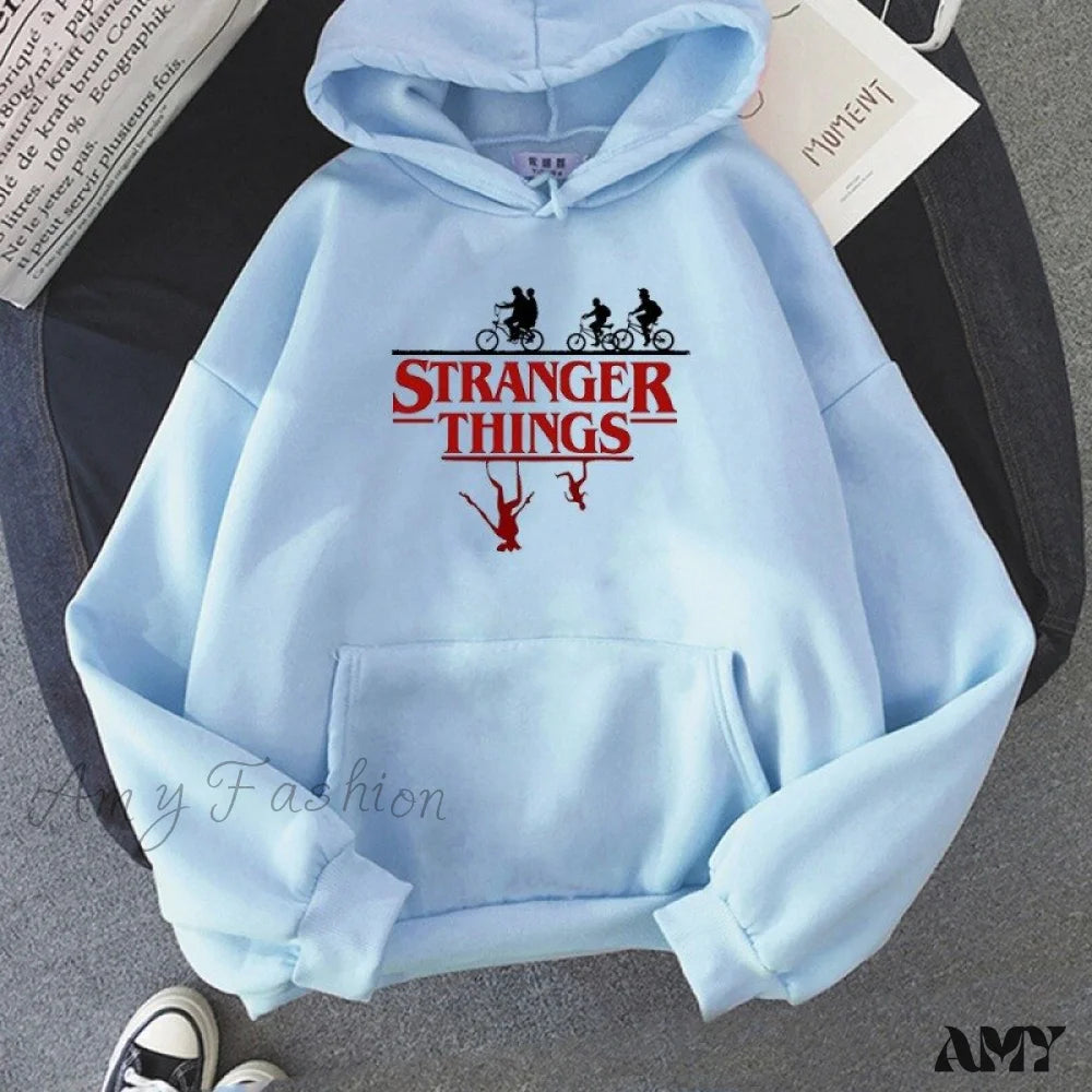 Amy Fashion - Stranger Things Anime Print Hoodies Sky Blue / S