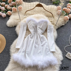 Amy Fashion - Strapless Backless Furry Sexy Short Mini Christmas Dress