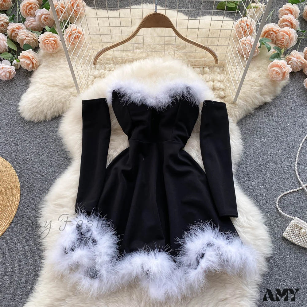 Amy Fashion - Strapless Backless Furry Sexy Short Mini Christmas Dress