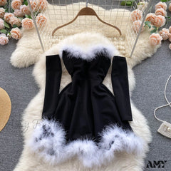 Amy Fashion - Strapless Backless Furry Sexy Short Mini Christmas Dress