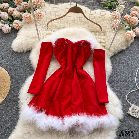 Amy Fashion - Strapless Backless Furry Sexy Short Mini Christmas Dress