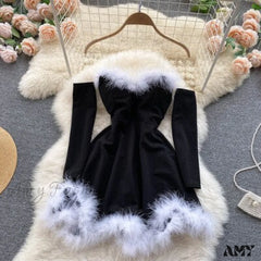 Amy Fashion - Strapless Backless Furry Sexy Short Mini Christmas Dress Black / One Size