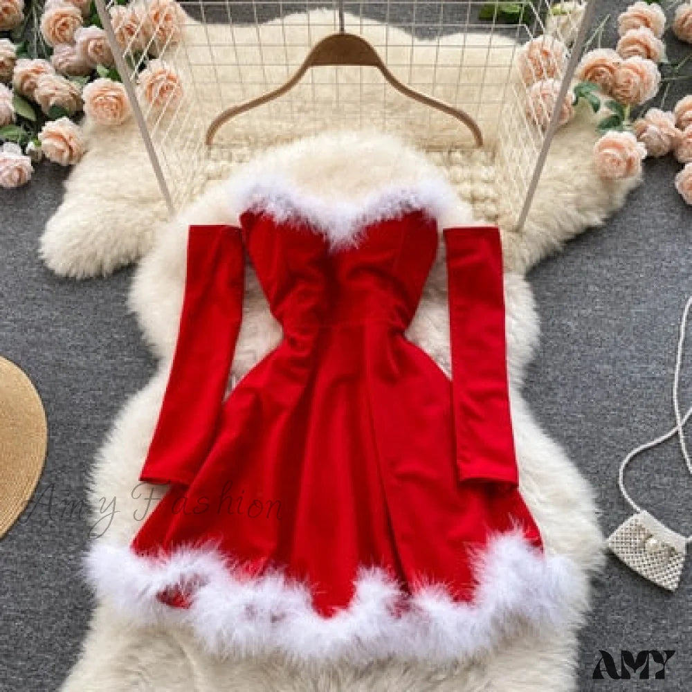 Amy Fashion - Strapless Backless Furry Sexy Short Mini Christmas Dress Red / One Size