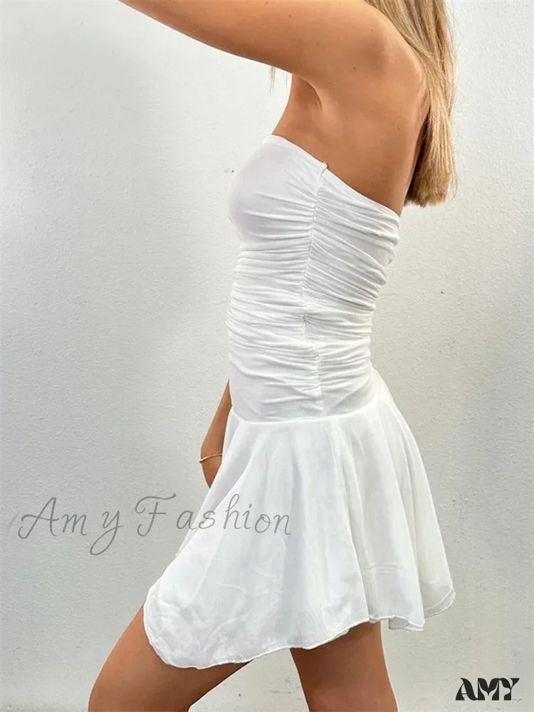 Amy Fashion - Strapless Backless Irregular Hem Pleated Solid Mini Dress