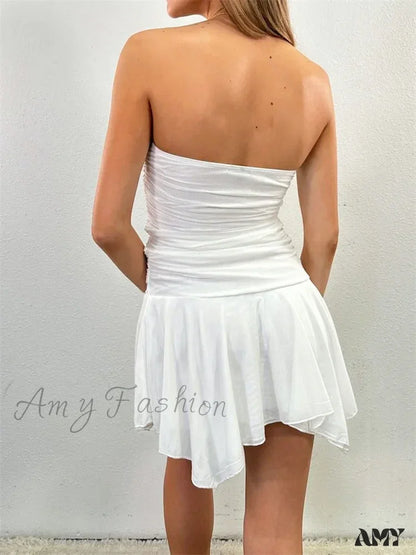 Amy Fashion - Strapless Backless Irregular Hem Pleated Solid Mini Dress