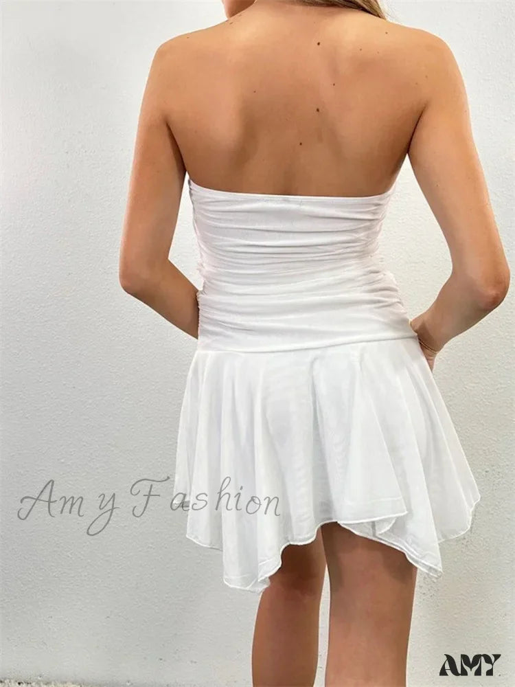 Amy Fashion - Strapless Backless Irregular Hem Pleated Solid Mini Dress