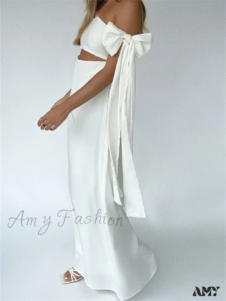 Amy Fashion - Strapless Off Shoulder Sexy Women Split Elegant Cut Out Slim Fit Solid Summer Female