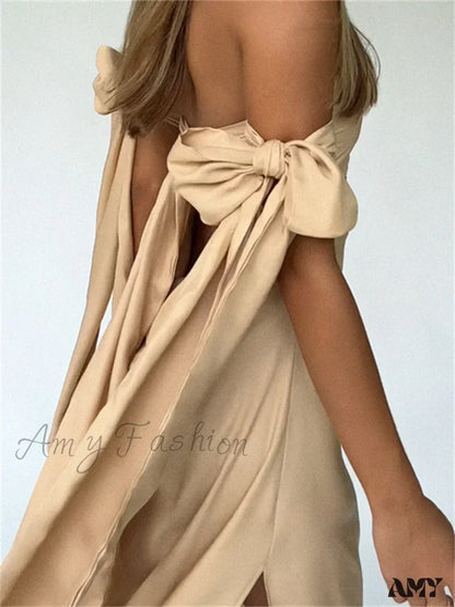 Amy Fashion - Strapless Off Shoulder Sexy Women Split Elegant Cut Out Slim Fit Solid Summer Female