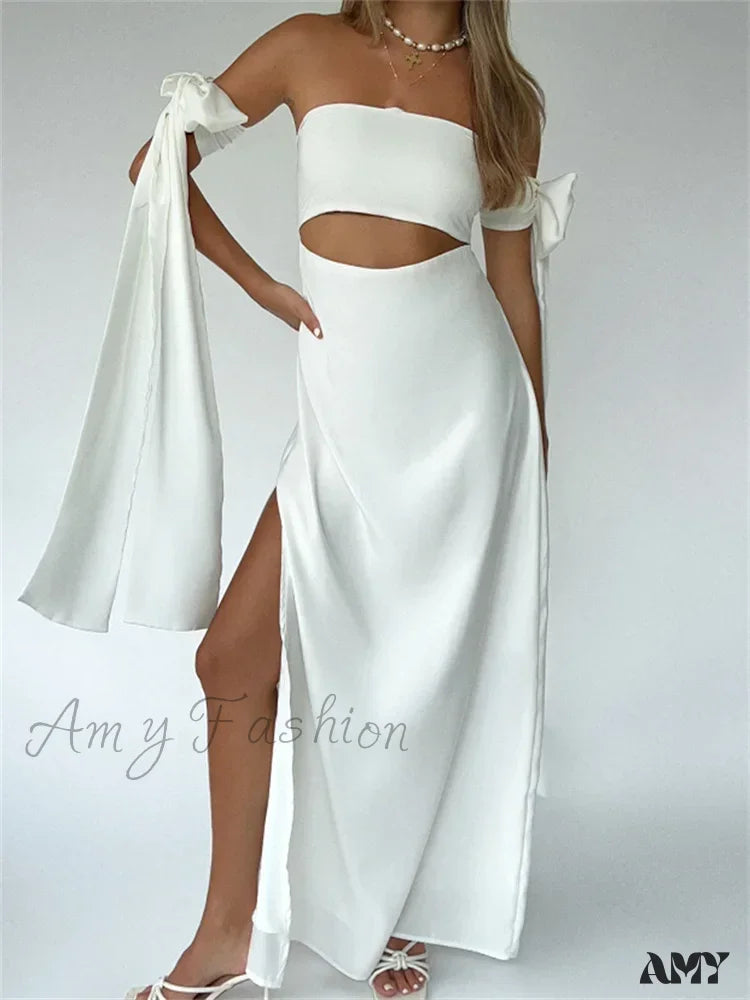 Amy Fashion - Strapless Off Shoulder Sexy Women Split Elegant Cut Out Slim Fit Solid Summer Female