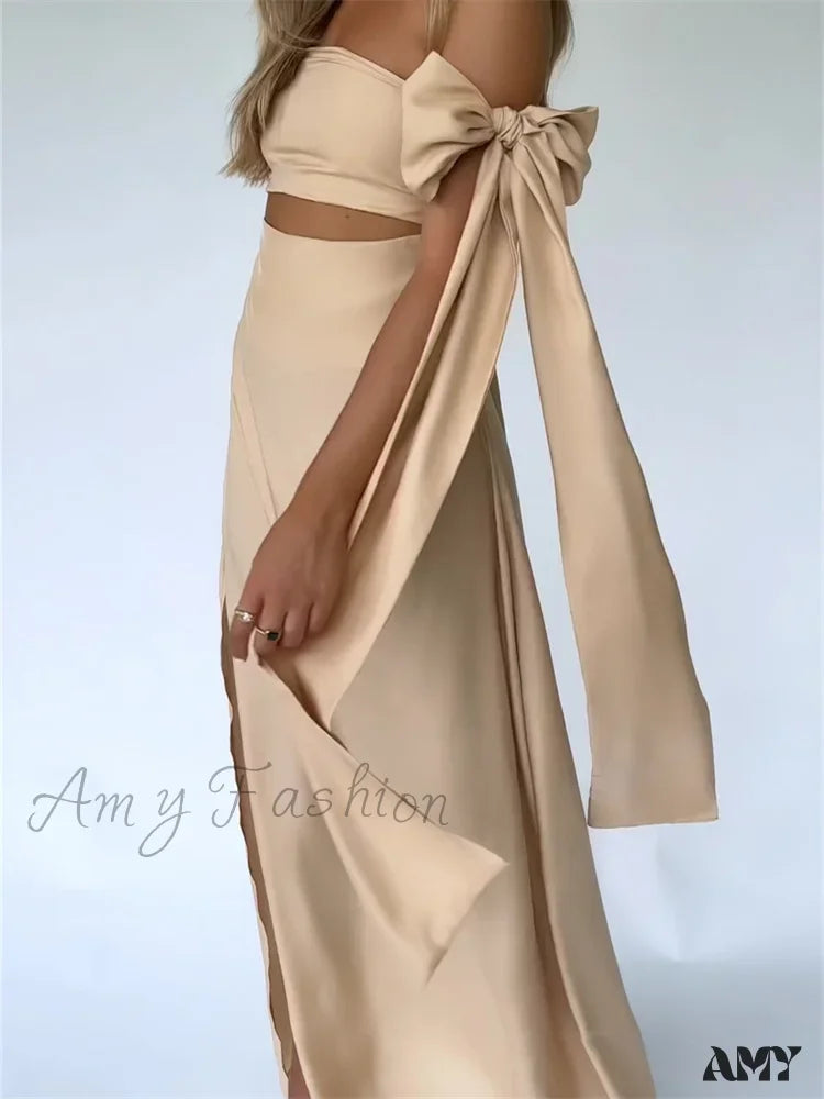 Amy Fashion - Strapless Off Shoulder Sexy Women Split Elegant Cut Out Slim Fit Solid Summer Female