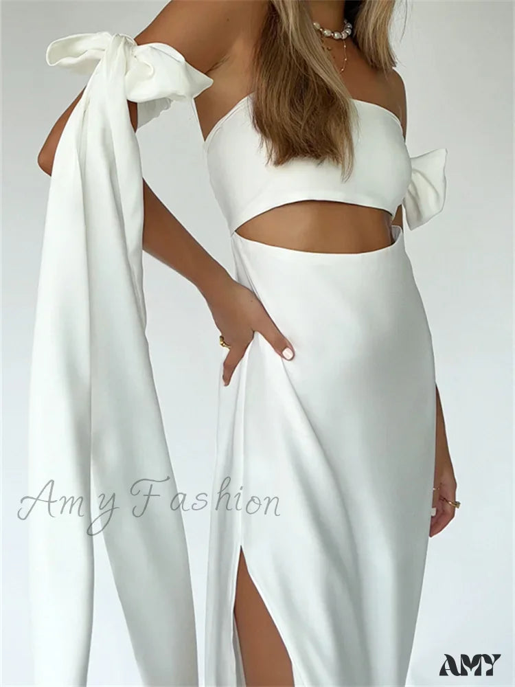 Amy Fashion - Strapless Off Shoulder Sexy Women Split Elegant Cut Out Slim Fit Solid Summer Female