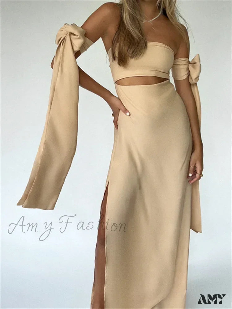 Amy Fashion - Strapless Off Shoulder Sexy Women Split Elegant Cut Out Slim Fit Solid Summer Female