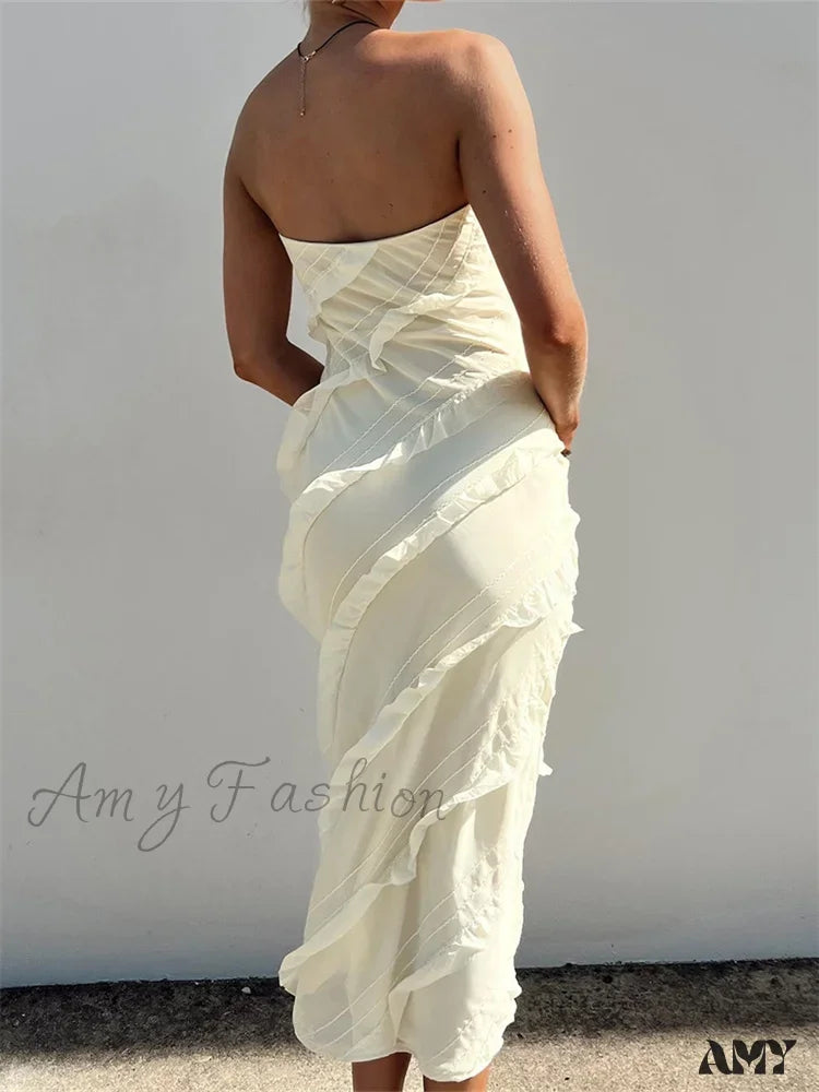 Amy Fashion - Strapless Off Shoulder Tube Elegant Women Ruffles Summer Party Bodycon Solid Female