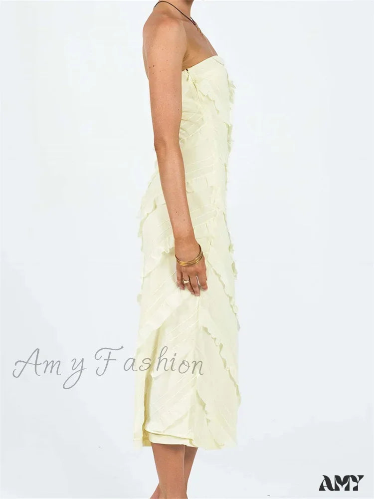 Amy Fashion - Strapless Off Shoulder Tube Elegant Women Ruffles Summer Party Bodycon Solid Female