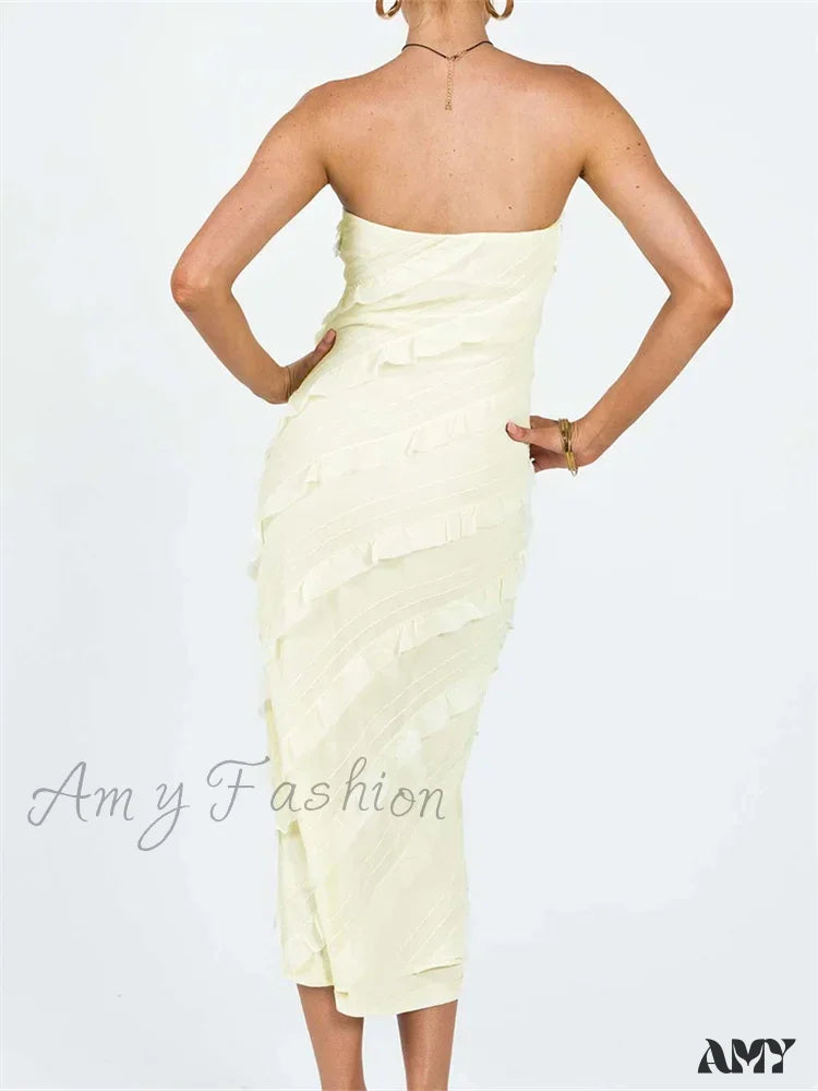 Amy Fashion - Strapless Off Shoulder Tube Elegant Women Ruffles Summer Party Bodycon Solid Female