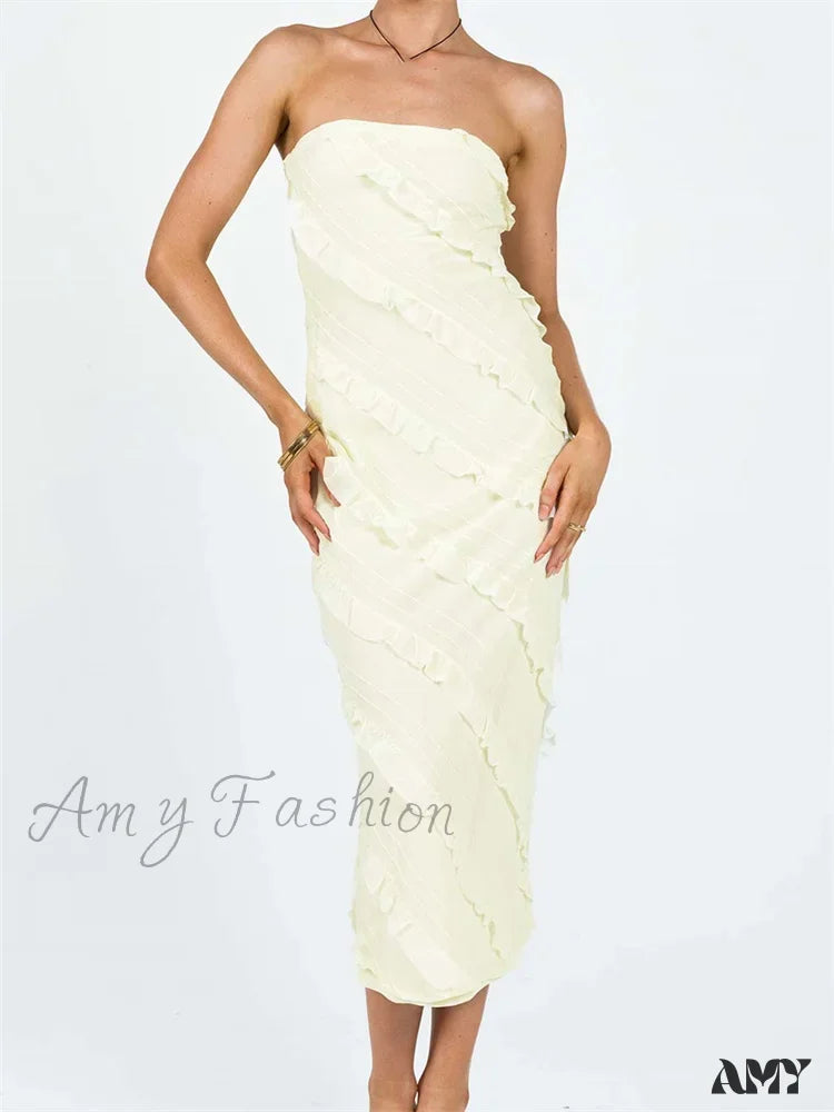 Amy Fashion - Strapless Off Shoulder Tube Elegant Women Ruffles Summer Party Bodycon Solid Female