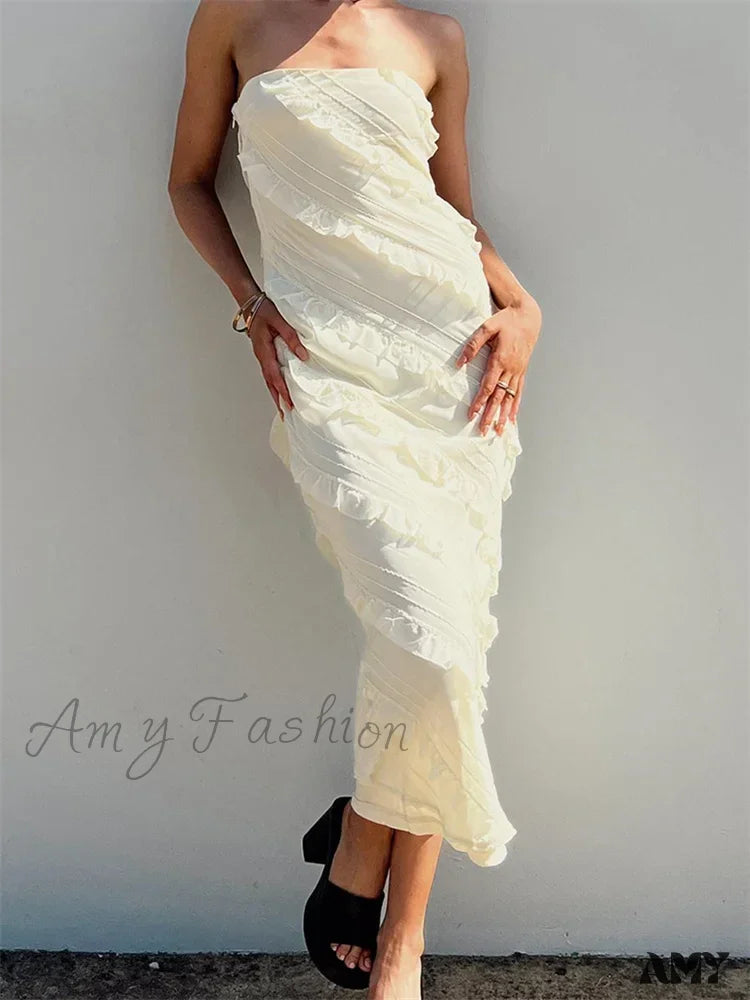 Amy Fashion - Strapless Off Shoulder Tube Elegant Women Ruffles Summer Party Bodycon Solid Female