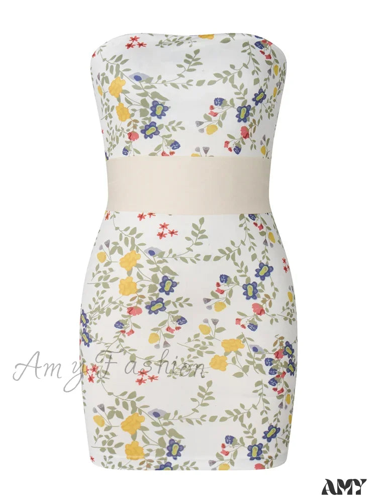 Amy Fashion - Strapless Off Shoulder Tube Sexy Floral Print Slim Mini Dress