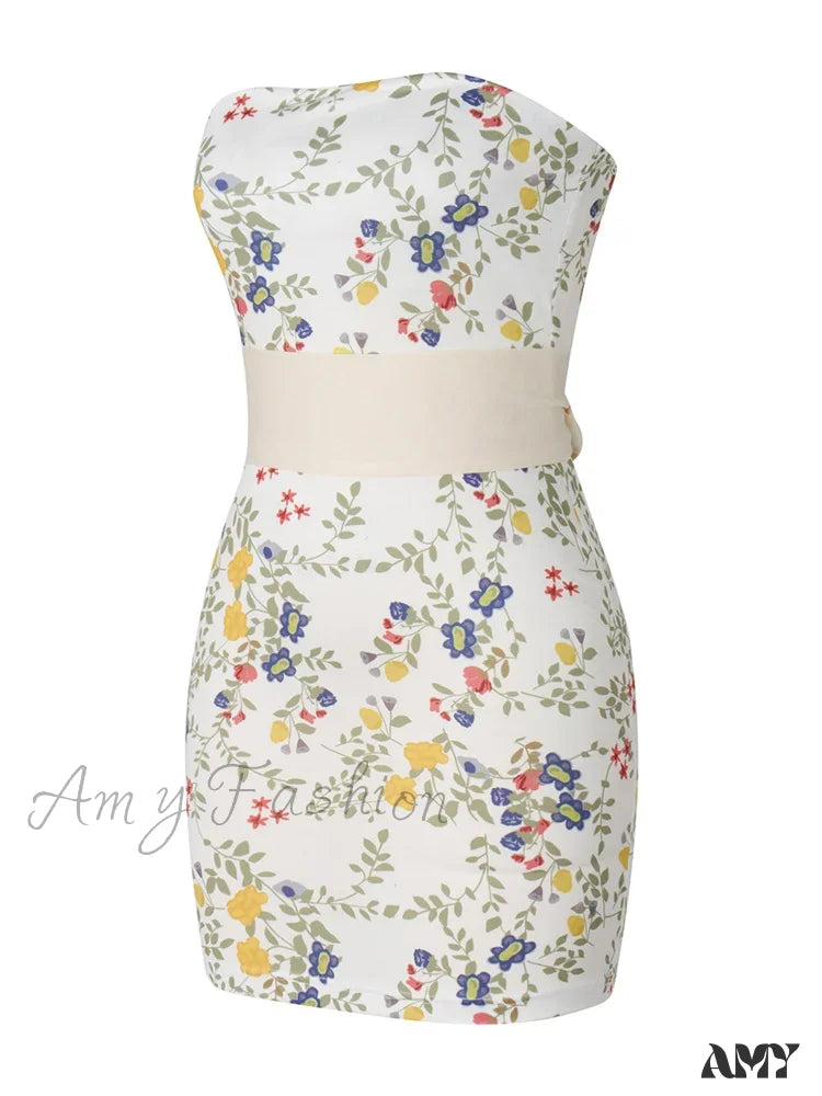 Amy Fashion - Strapless Off Shoulder Tube Sexy Floral Print Slim Mini Dress