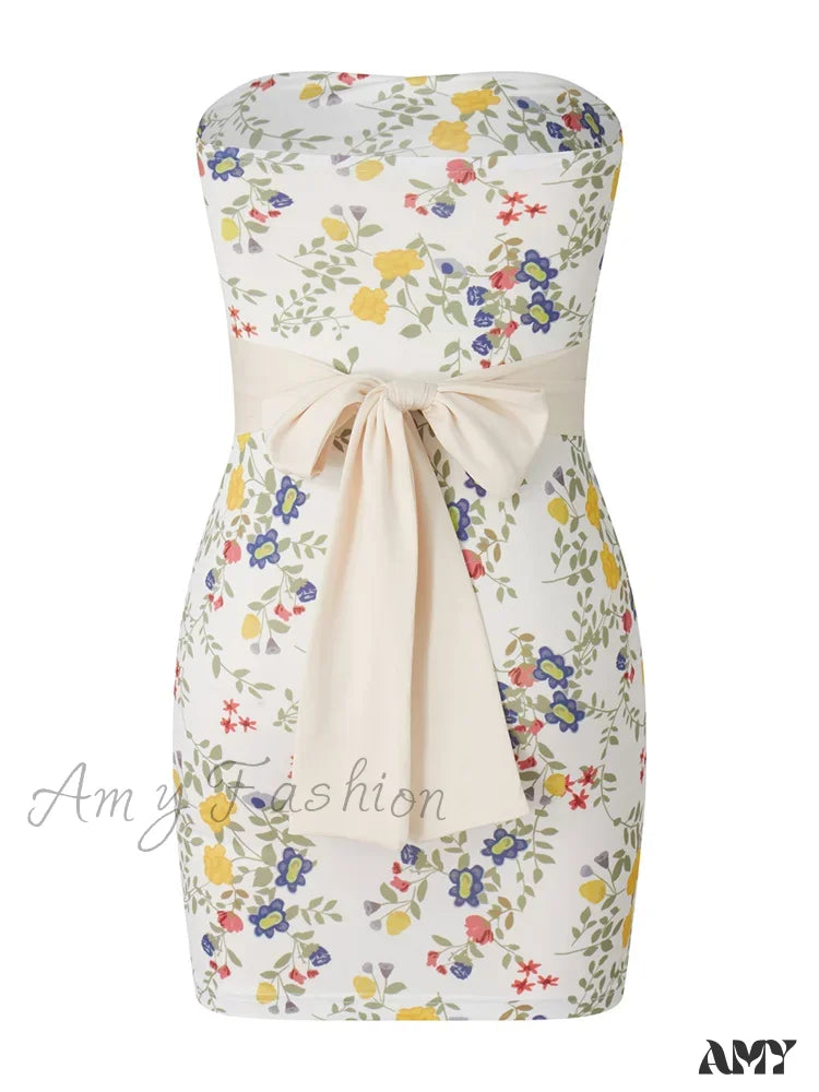 Amy Fashion - Strapless Off Shoulder Tube Sexy Floral Print Slim Mini Dress