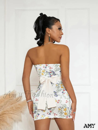 Amy Fashion - Strapless Off Shoulder Tube Sexy Floral Print Slim Mini Dress