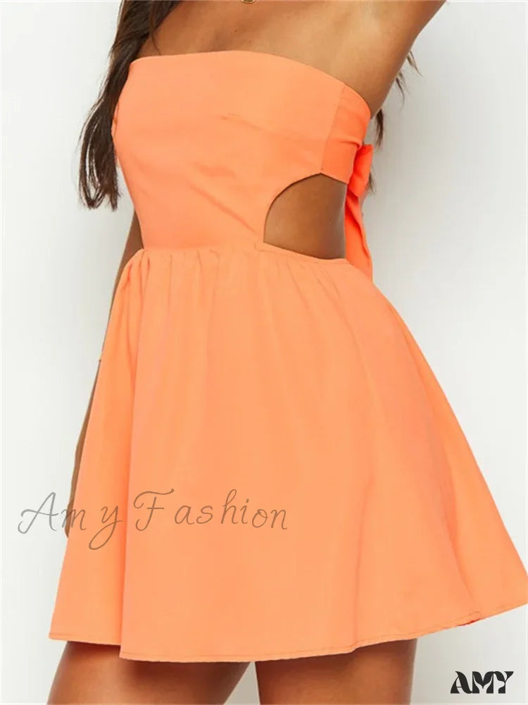 Amy Fashion - Strapless Off Shoulder Tube Sexy Hollow Out Backless Mini Dress