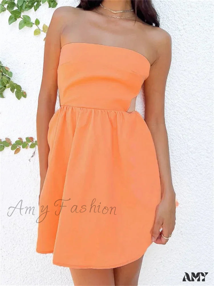 Amy Fashion - Strapless Off Shoulder Tube Sexy Hollow Out Backless Mini Dress Orange / S