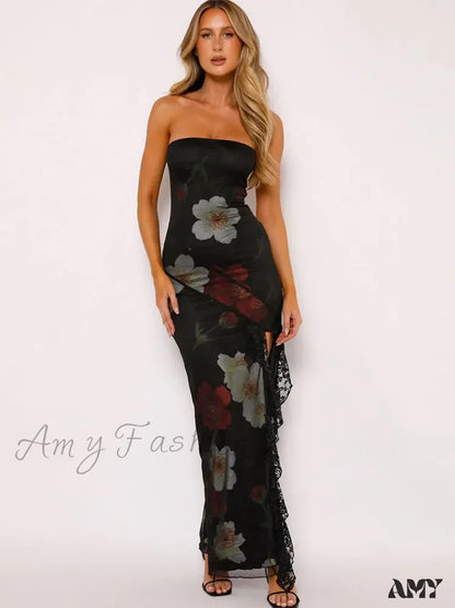 Amy Fashion - Strapless Print Lace Vent Backless Split Boho Dress