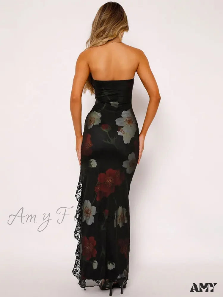 Amy Fashion - Strapless Print Lace Vent Backless Split Boho Dress