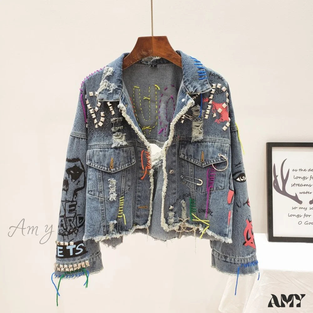 Amy Fashion - Street Graffiti Denim Jacket Blue / One Size