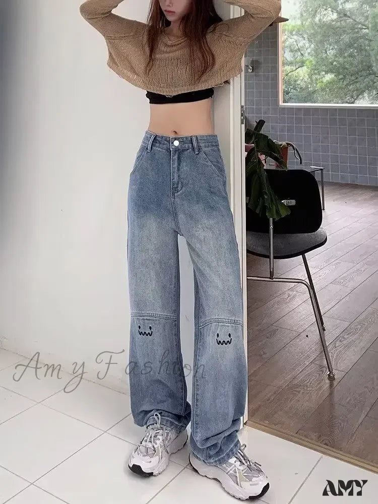 Amy Fashion - Street Trend Ruffian Handsome Letter Hip Hop Personality Ladies Trousers Jean Blue / S