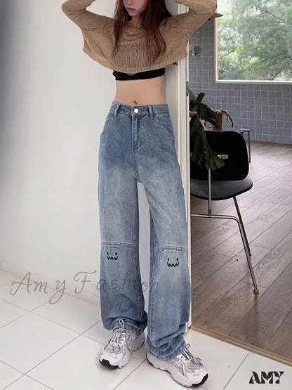 Amy Fashion - Street Trend Ruffian Handsome Letter Hip Hop Personality Ladies Trousers Jean Blue / S