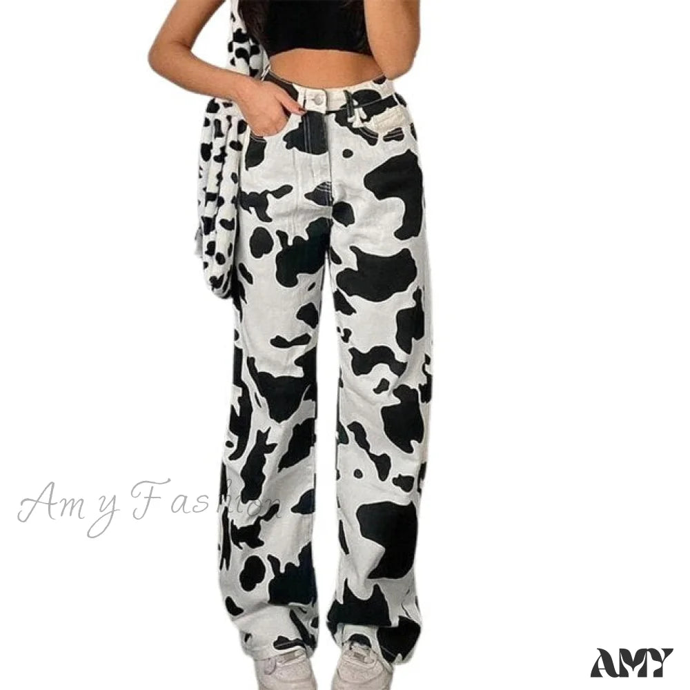 Amy Fashion - Streetwear Cow Print Baggy Jeans Black / S