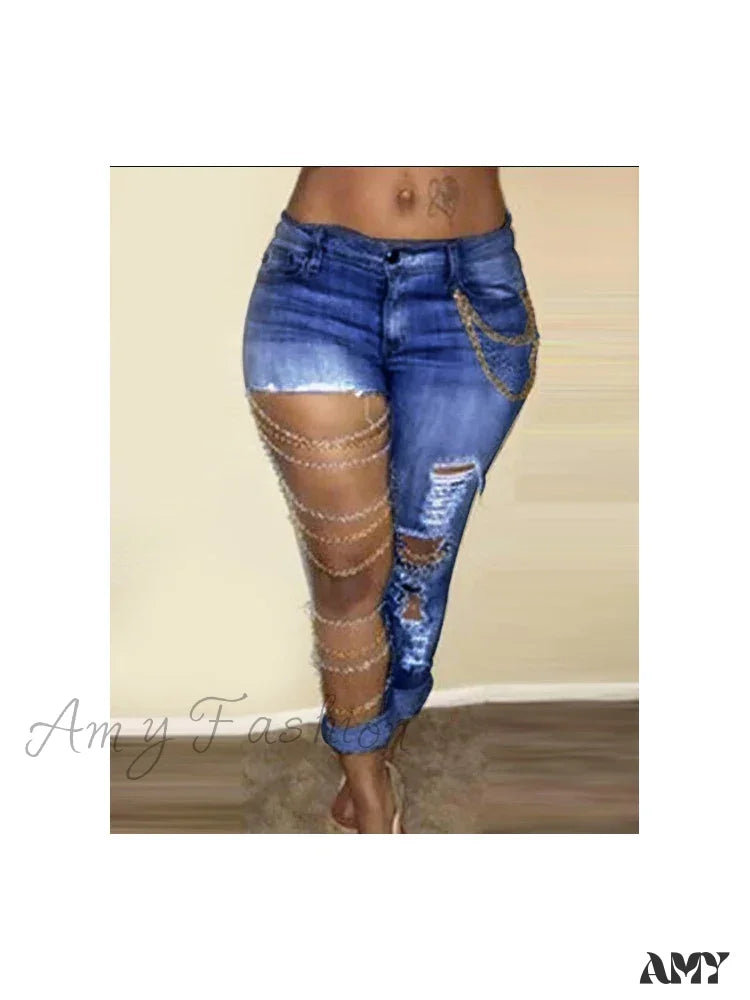 Amy Fashion - Streetwear High Waist Women With Chain Vintage Ripped Holes Skinny Pencil Bodycon