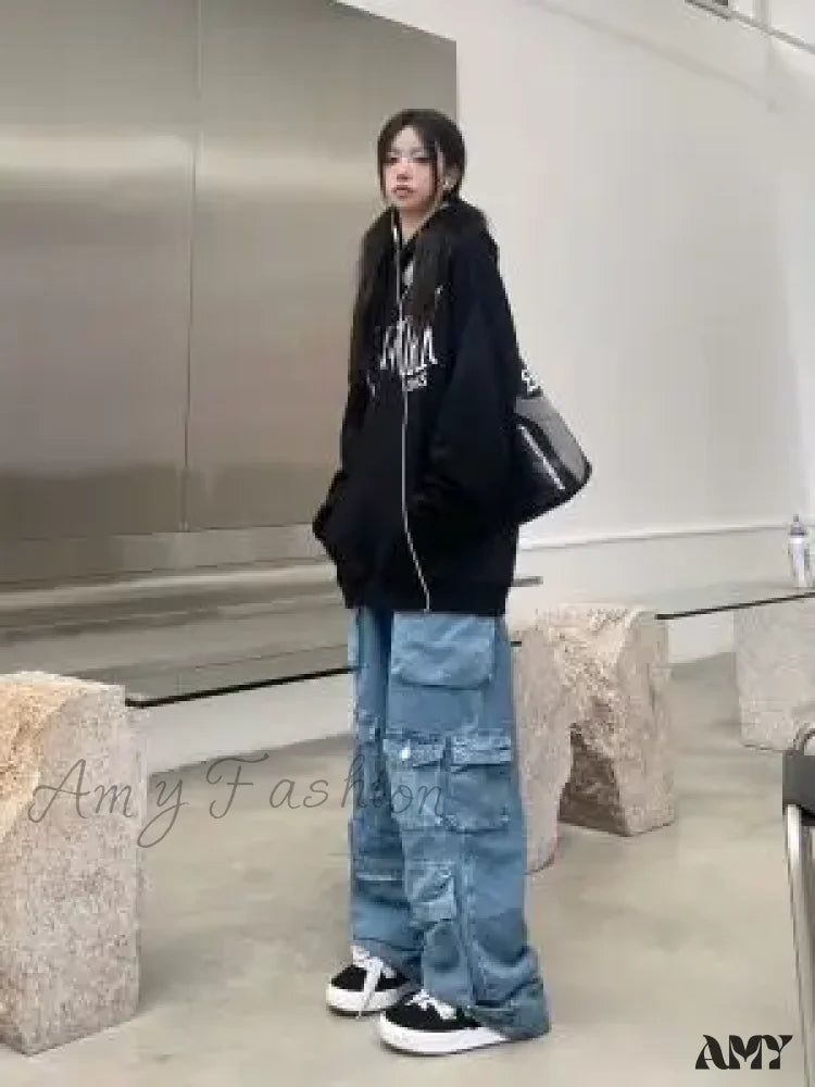 Amy Fashion - Streetwear Loose Oversized Straight-Leg Multi-Pocket Washed Cargo New Heavy Industry