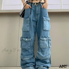 Amy Fashion - Streetwear Loose Oversized Straight-Leg Multi-Pocket Washed Cargo New Heavy Industry