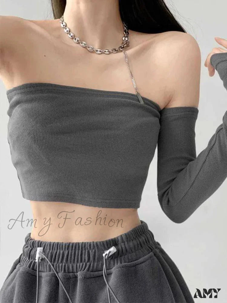 Amy Fashion - Streetwear Sexy Camis Tube Summer Skinny Harajuku Crop Top Darkgrey / S