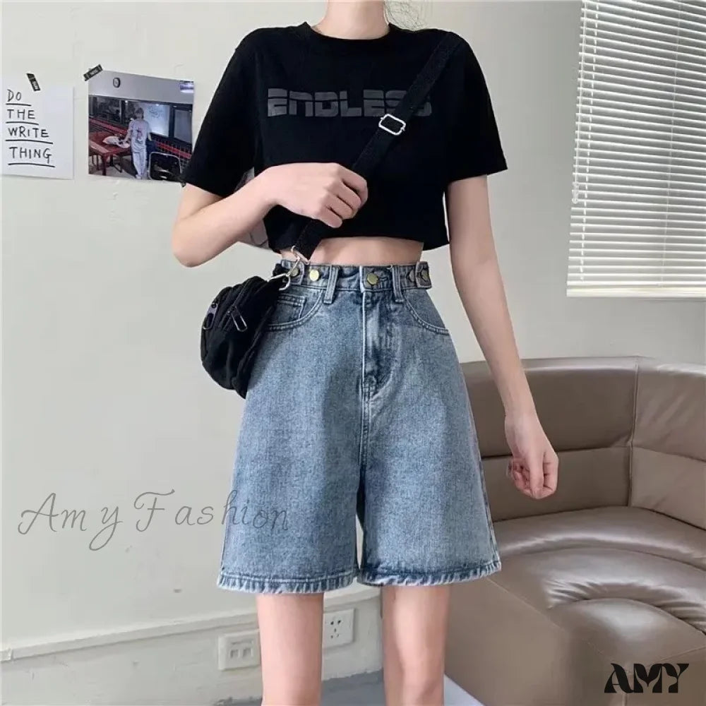 Amy Fashion - Streetwear Summer Half High-Waisted Belted Loose Female Short Jean