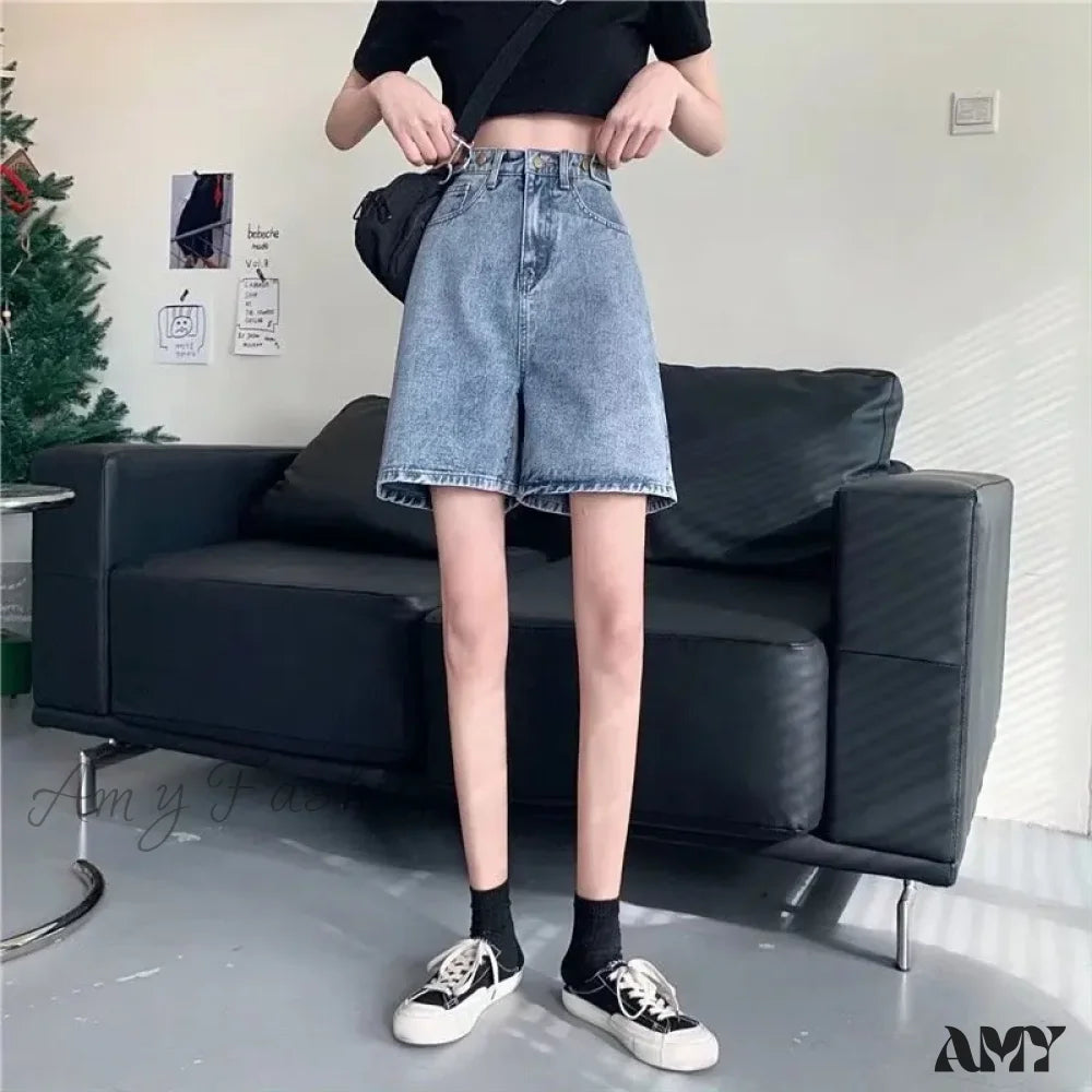 Amy Fashion - Streetwear Summer Half High-Waisted Belted Loose Female Short Jean